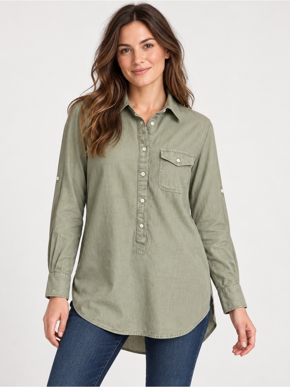 J. Crew Olive Green Button-Front Tunic Shirt Small
